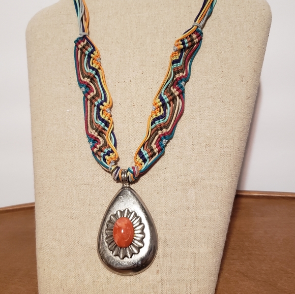 Boho Woven Silver Tone Peach Cabochon Necklace - Picture 2 of 6